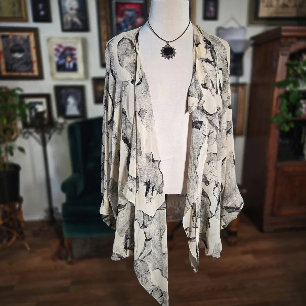 Vintage 90s Apropos‎ Sheer 100% Silk Abstract Art Wrap Blouse Boho Witchy Top